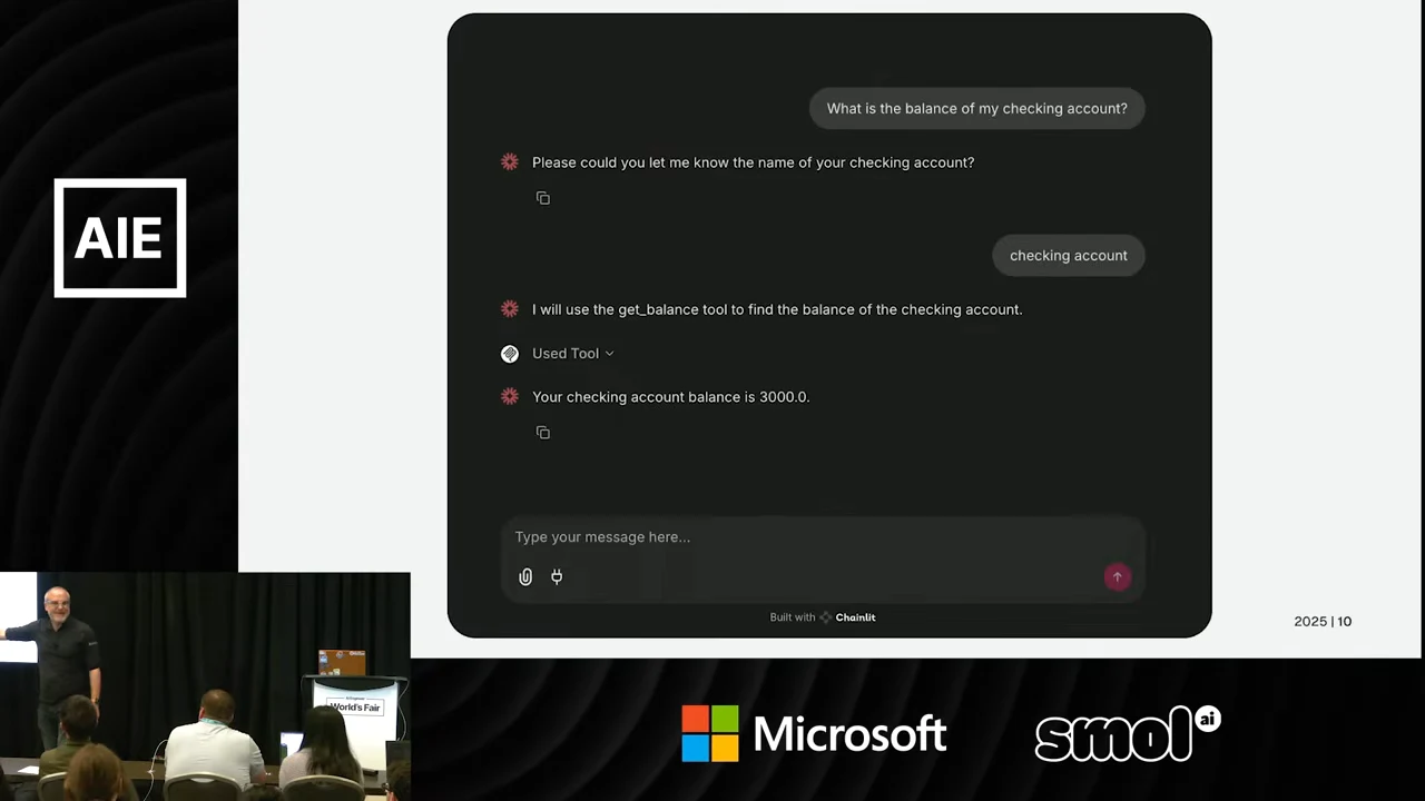 Chat screenshot showing a balance question, a request for the checking account name, the reply “checking account,” a tool-use indicator, and the final balance of 3000.0.
