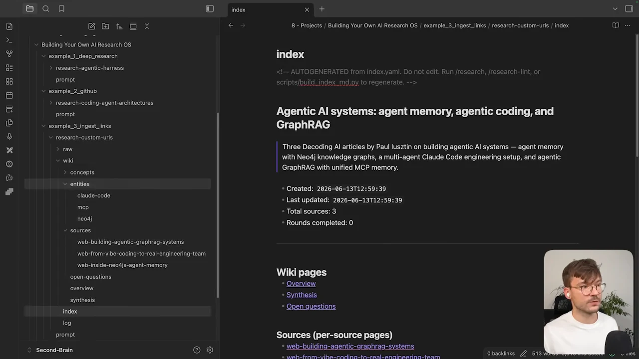 Obsidian displays an index titled Agentic AI systems: agent memory, agentic coding, and GraphRAG, with Total sources: 3, wiki-page links, and an expanded folder tree.