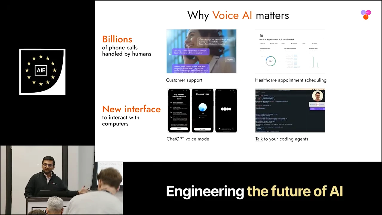 Slide showing customer support, healthcare appointment scheduling, ChatGPT voice mode, and talking to coding agents.
