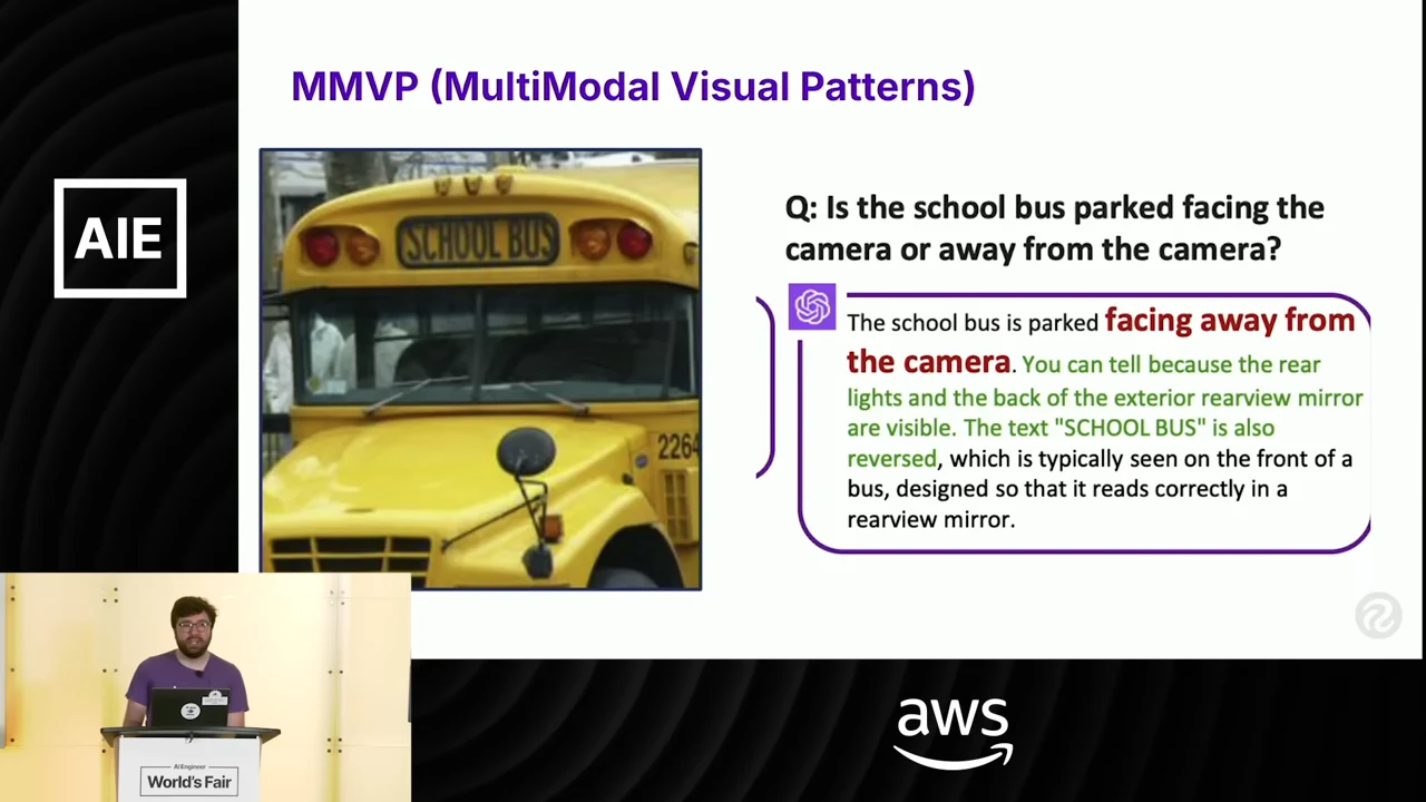 Front view of a yellow school bus beside a question about its orientation and a model response claiming it faces away from the camera.