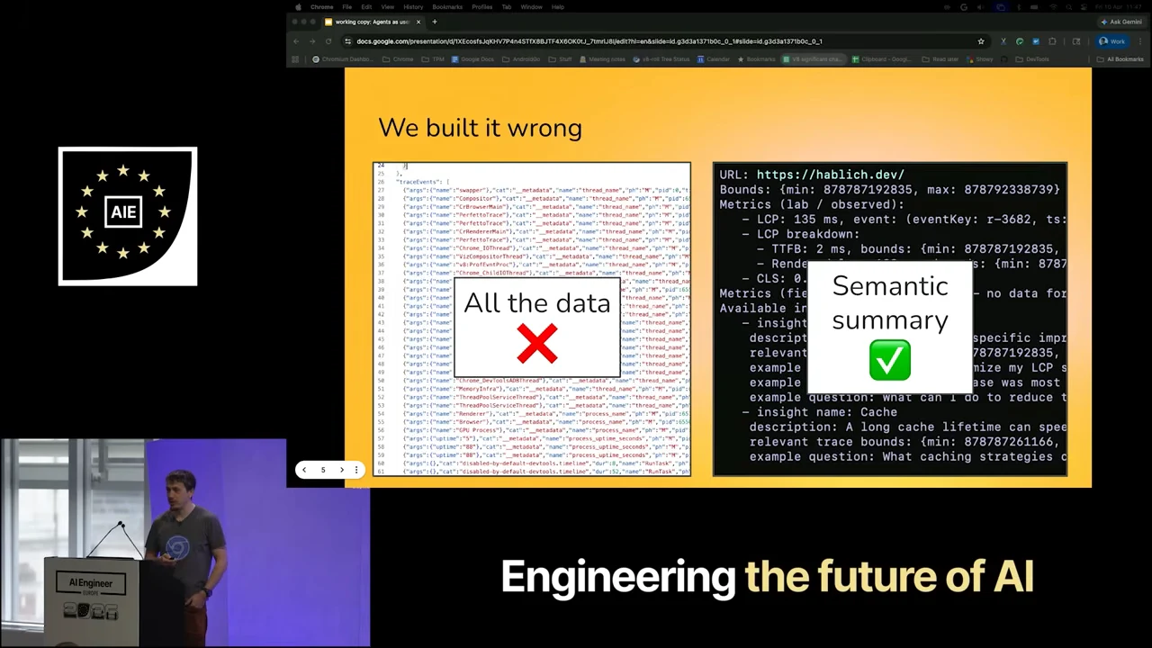 Slide comparing a dense trace labeled “All the data” with a red cross against a dark text panel labeled “Semantic summary” with a green check.
