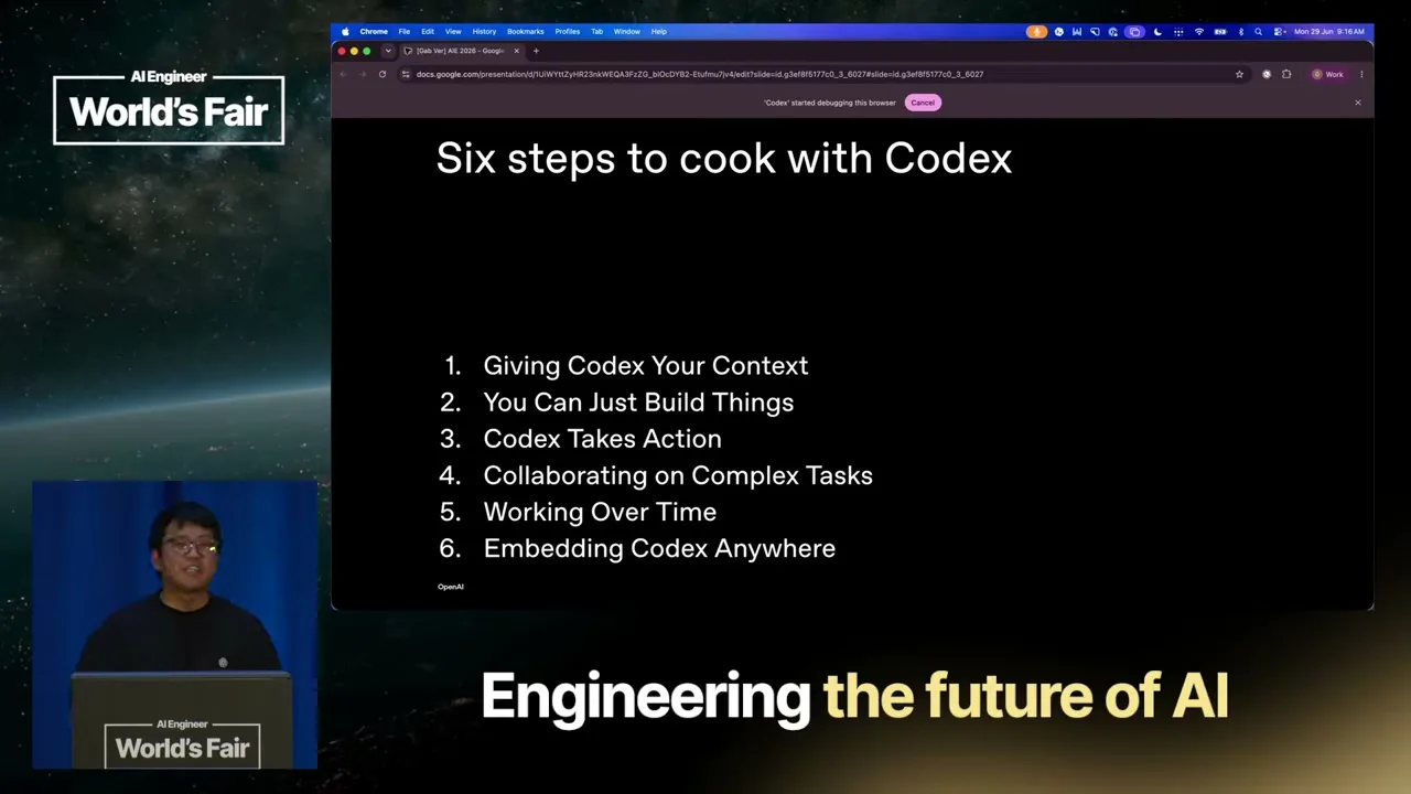 Selected presentation frame from Cooking with Codex — Charlie Guo & Gabriel Chua, OpenAI at 346 seconds