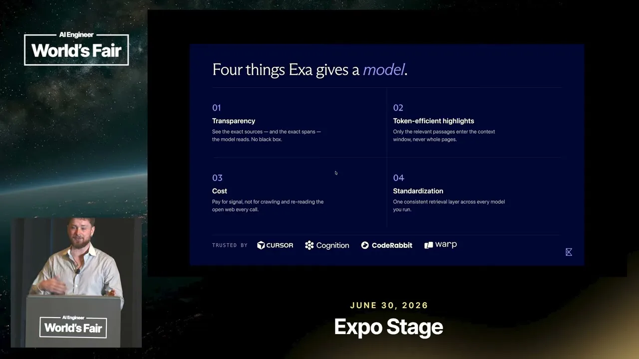 Selected presentation frame from Your Coding Agent Is 6 Months Out of Date — Jakub Hojsan, Exa at 309 seconds