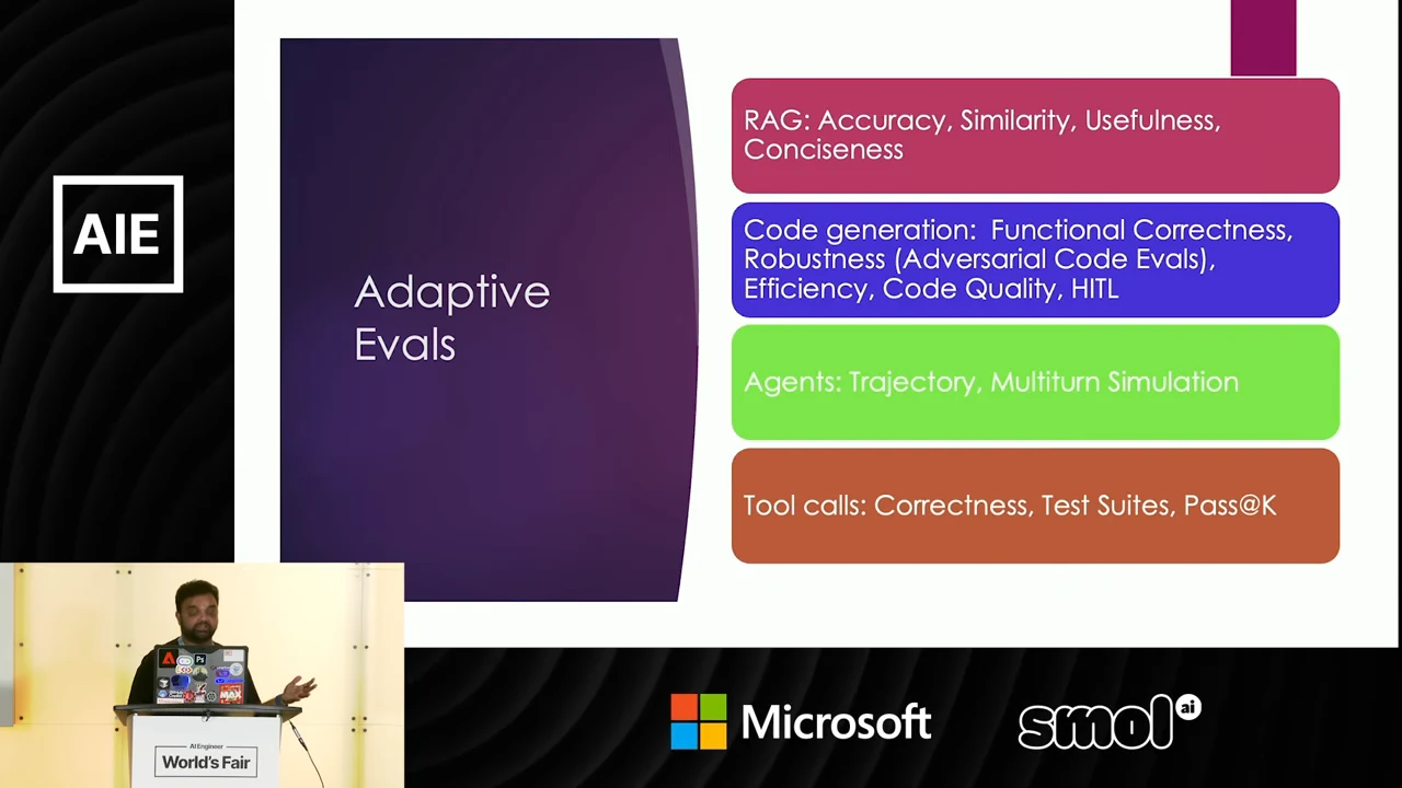 Adaptive Evals slide with four colored rows: RAG accuracy, similarity, usefulness and conciseness; code correctness, robustness, efficiency, quality and HITL; agent trajectories and multiturn simulation; tool-call correctness, test suites and Pass@K.