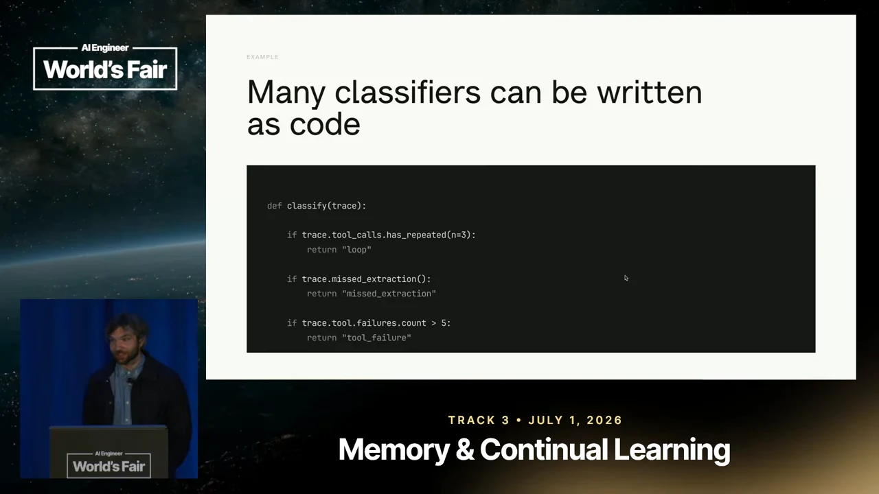 Slide showing a classifier code example checking repeated tool calls, missed extraction, and tool failures.