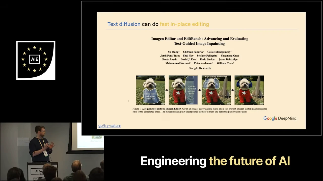Slide featuring the Imagen Editor and EditBench paper and four dog images showing localized edits, including a red outfit and blue headwear.