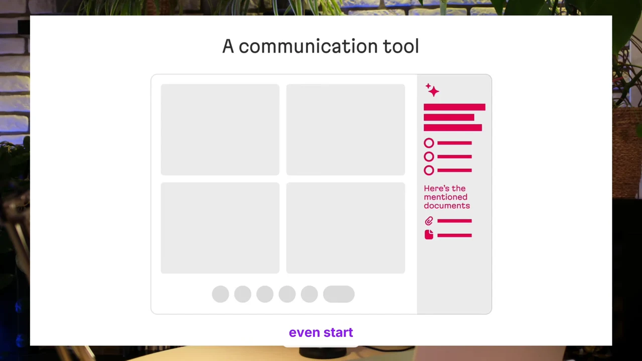 Slide titled “A communication tool” shows four gray call tiles and a pink sidebar with notes, checklist marks, and document icons beneath “Here's the mentioned documents.”