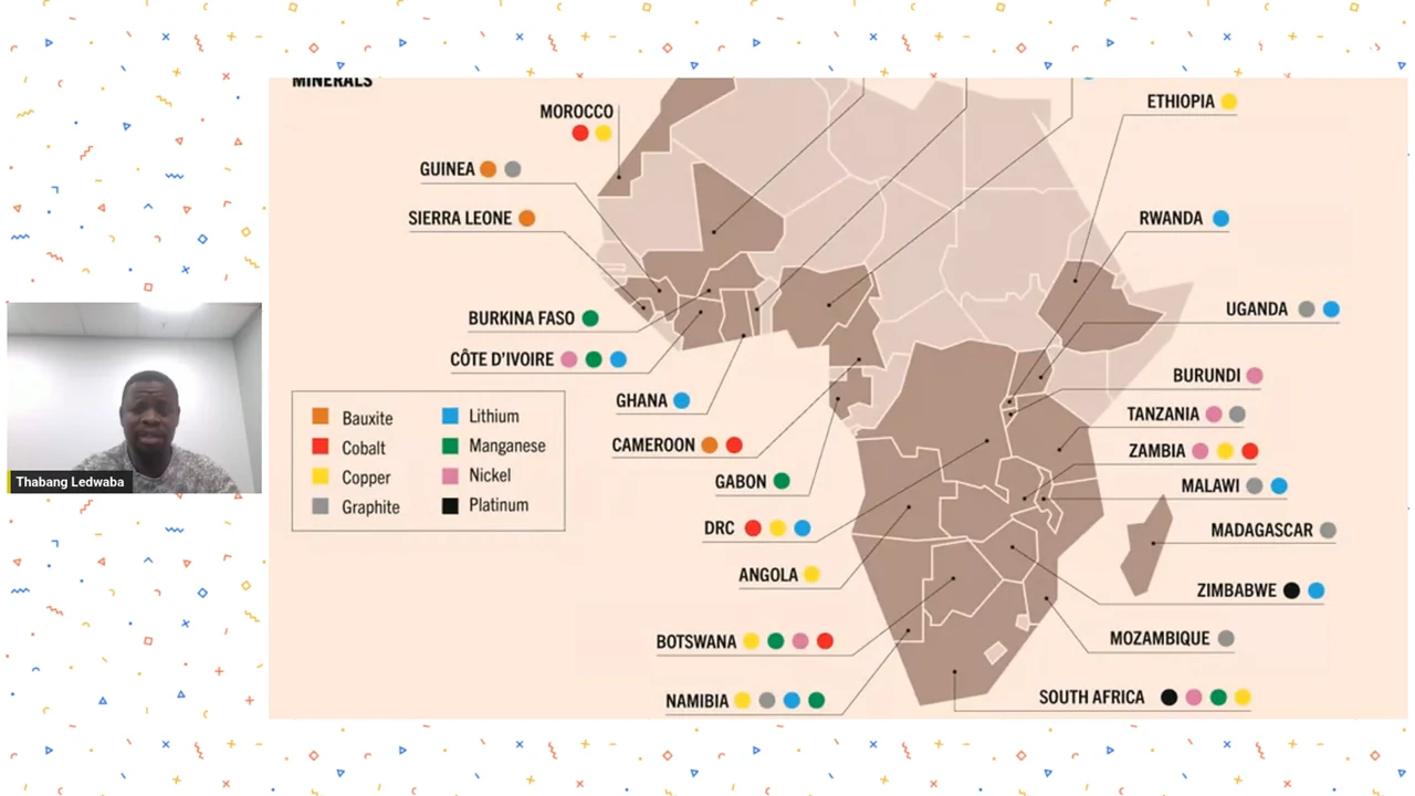 Map of Africa with country labels and colored dots keyed to bauxite, cobalt, copper, graphite, lithium, manganese, nickel, and platinum.