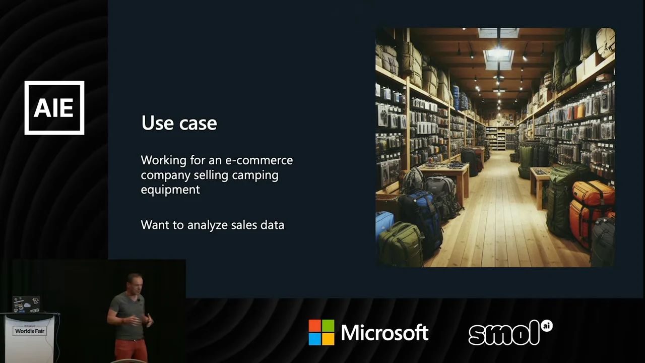 Use case slide with text about an e-commerce company selling camping equipment and analyzing sales data, beside a shop-aisle photograph.