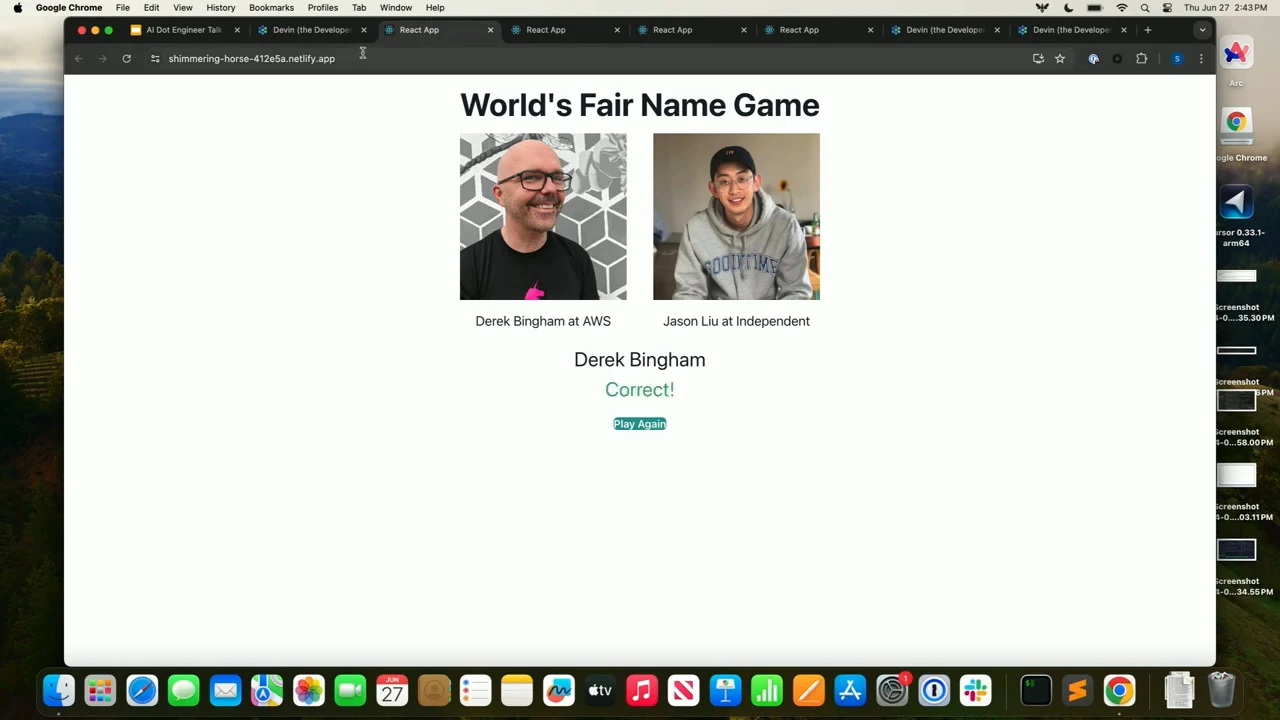 Browser showing World's Fair Name Game, two labeled portraits, the name Derek Bingham, green Correct! feedback, and a small Play Again button.