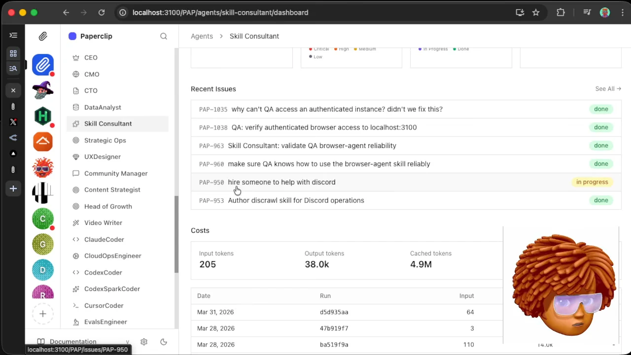 Skill Consultant dashboard with recent issues about authenticated browser access, browser-agent skills, and Discord, plus status badges and token totals.