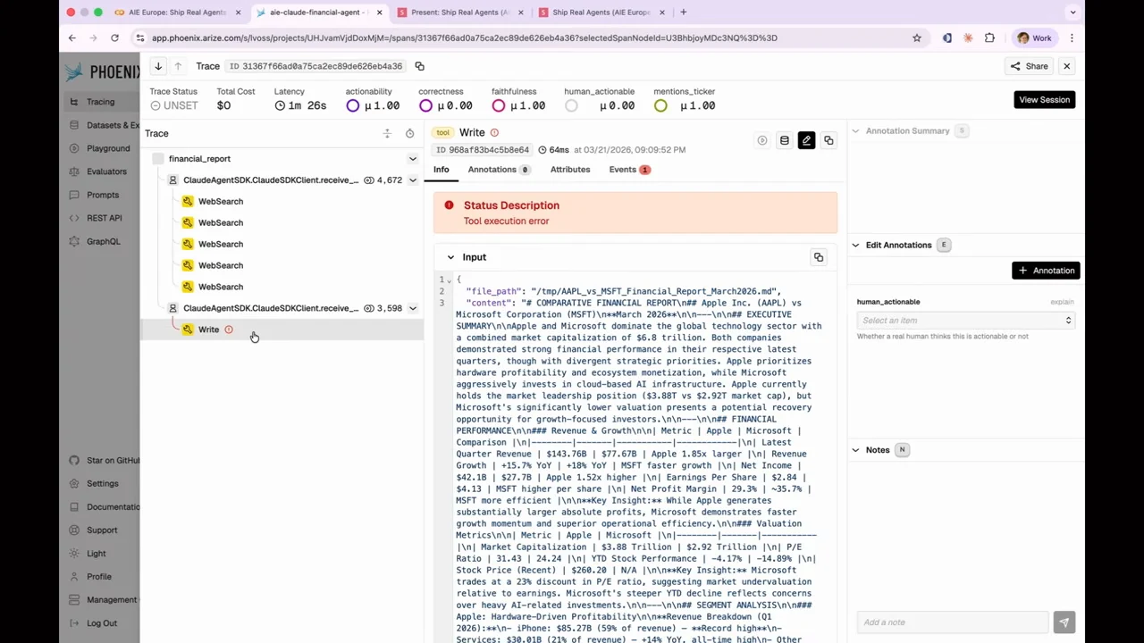 Phoenix trace view with the Write span selected, a “Tool execution error” banner, and input containing a file path and financial report text.