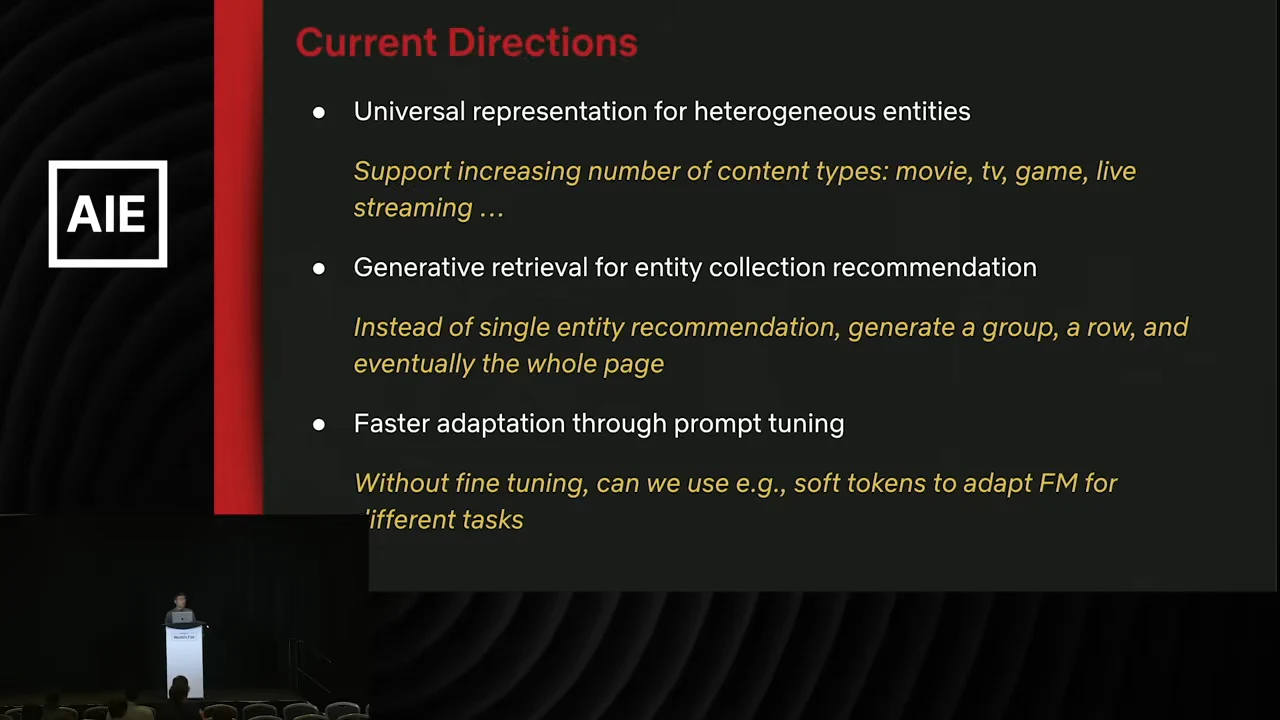 Current Directions slide lists universal representation for heterogeneous entities, generative retrieval for entity collection recommendation, and faster adaptation through prompt tuning.