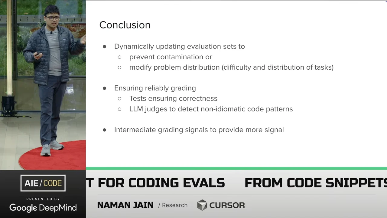 Conclusion slide lists dynamically updating evaluation sets, correctness tests and LLM judges for reliable grading, and intermediate grading signals.
