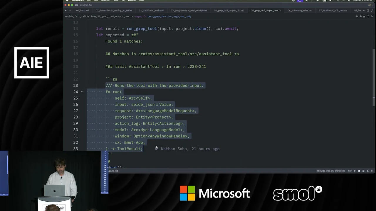 Zed editor displaying expected grep output with the run function signature highlighted, including its window argument and return type.