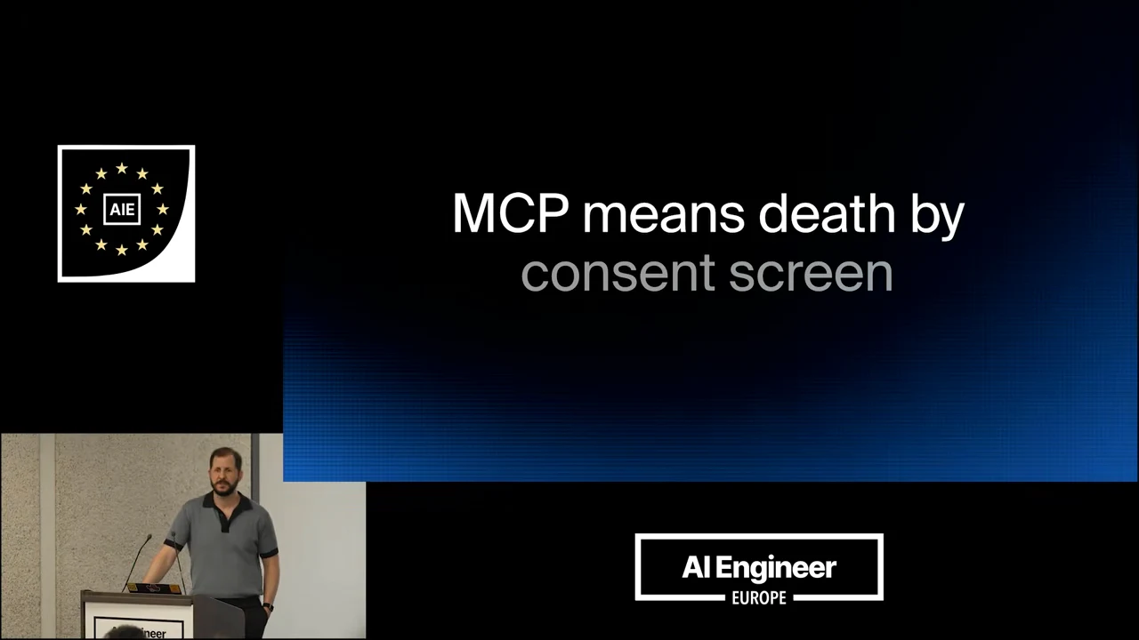 Slide reading “MCP means death by consent screen” on a black and blue background, with the presenter inset below.