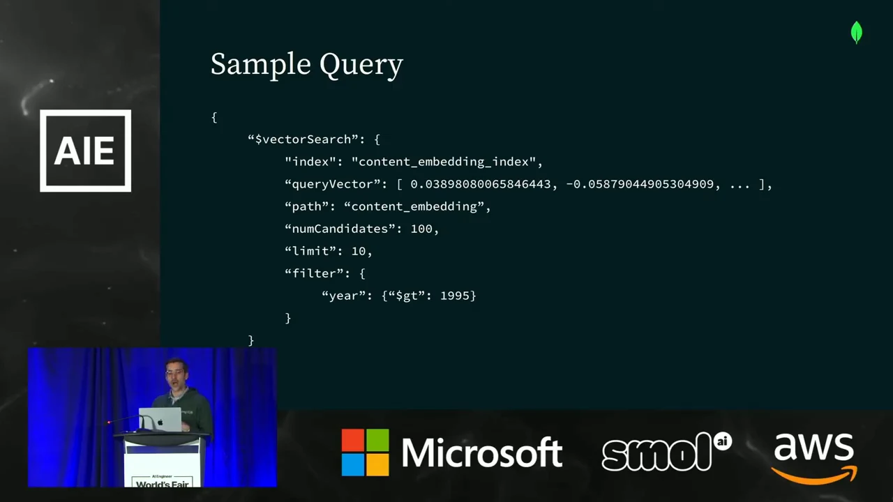 Sample Query slide showing $vectorSearch with index, queryVector, path, numCandidates set to 100, limit set to 10, and a year filter greater than 1995.