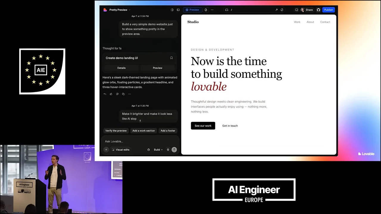 A dark chat panel sits beside a white website preview headed “Now is the time to build something lovable.”
