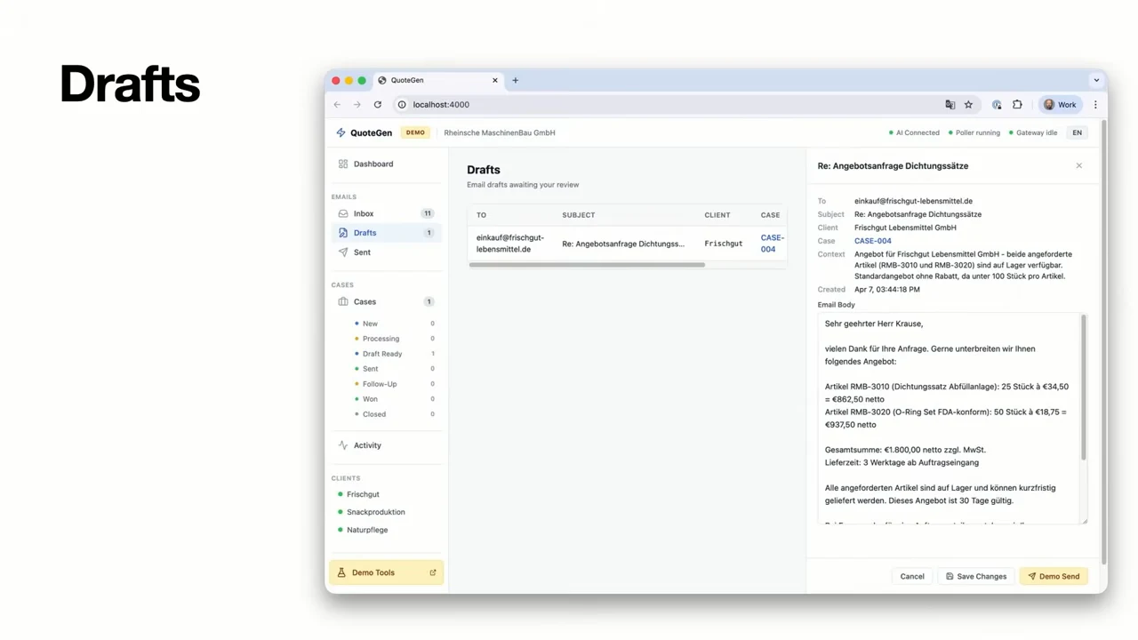 Drafts screen with a selected email and a right-hand panel containing its body, plus Cancel, Save Changes, and Demo Send controls.