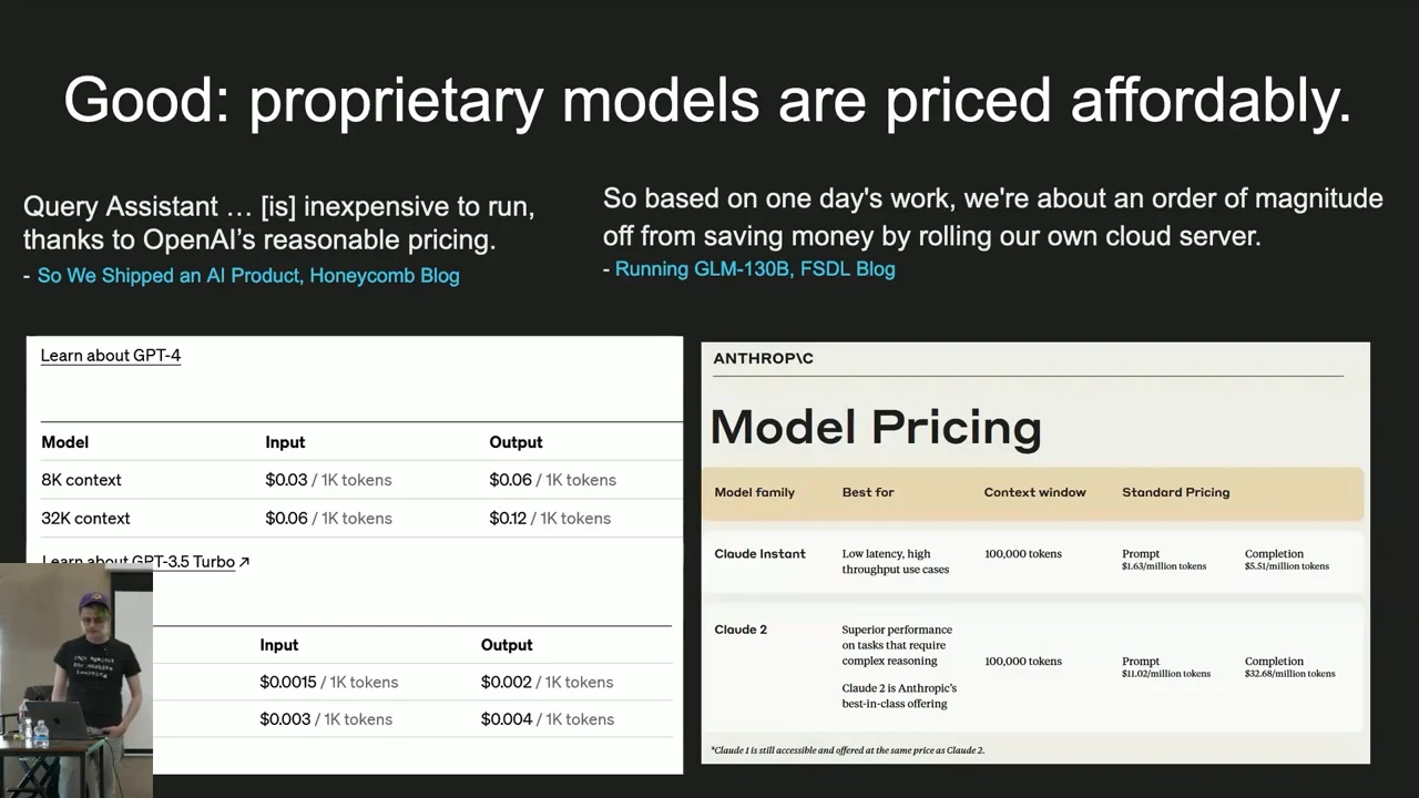 Slide titled “Good: proprietary models are priced affordably” shows Honeycomb and FSDL quotations above OpenAI and Anthropic pricing tables.