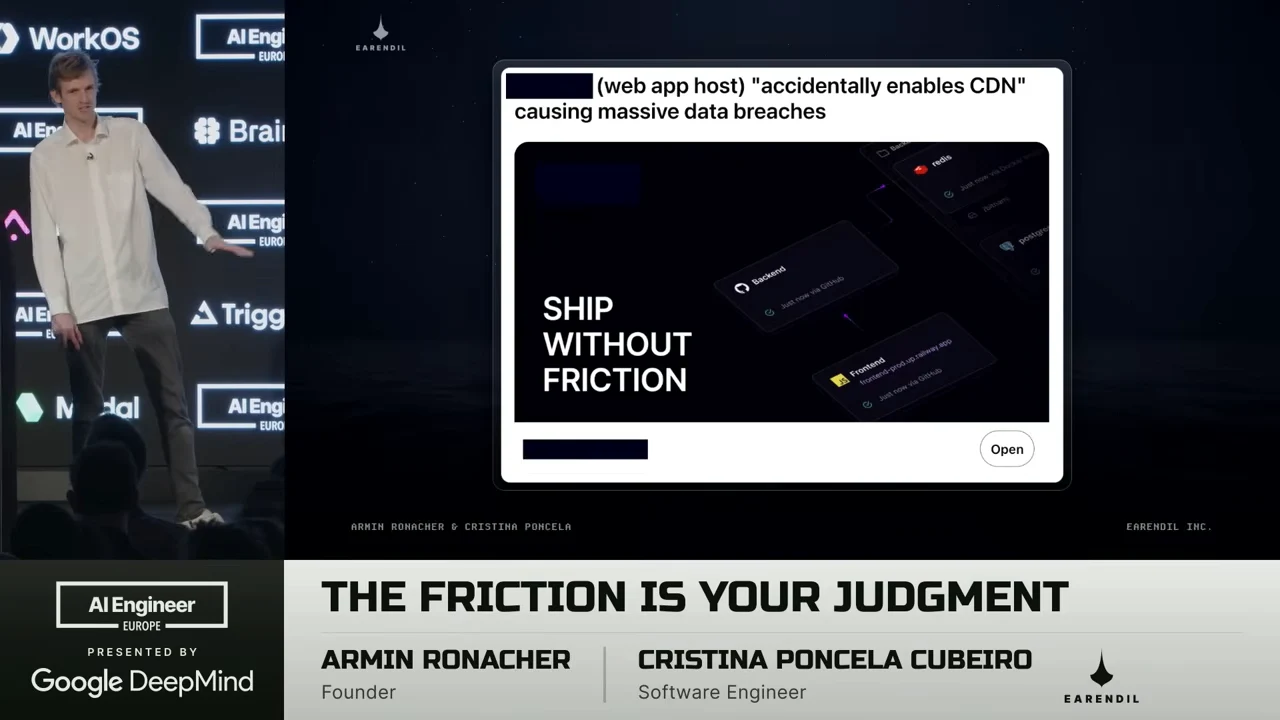 A slide shows a social preview with a partially redacted headline about a web app host accidentally enabling a CDN, above an image reading “SHIP WITHOUT FRICTION.”