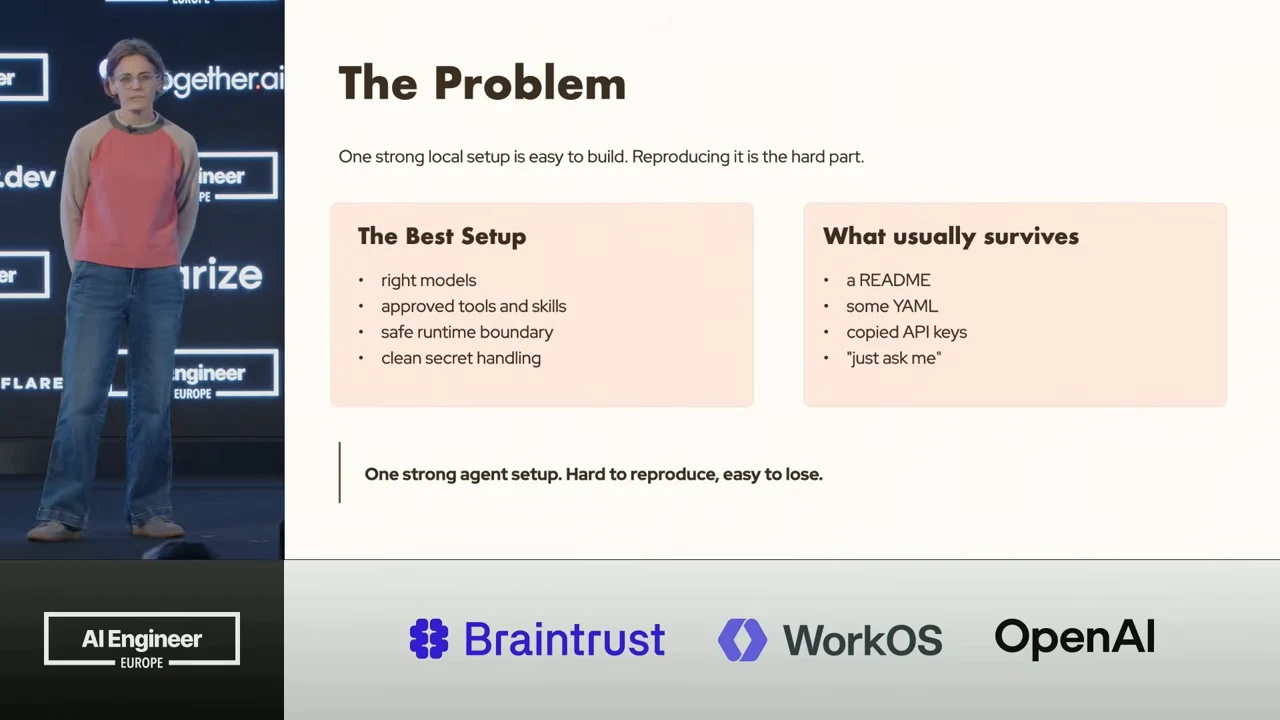 The Problem slide contrasts models, approved tools, runtime boundaries and secret handling with a README, YAML, copied API keys and “just ask me.”