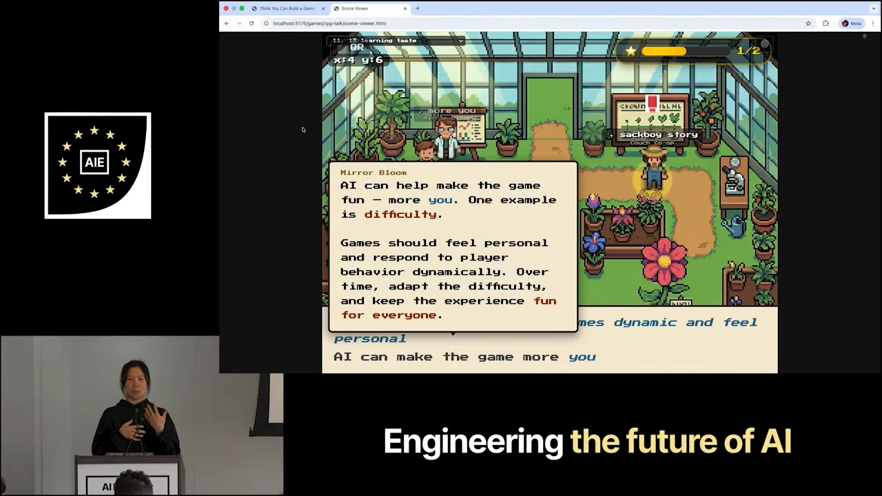 A greenhouse game scene with a Mirror Bloom dialogue explaining personal play, adaptive difficulty, and keeping games fun for everyone.