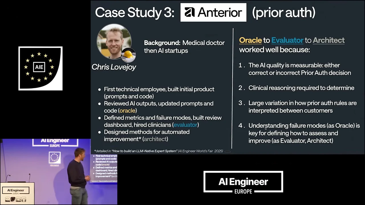 Anterior prior authorization case study slide featuring Chris Lovejoy, his responsibilities, and four reasons the Oracle-to-Evaluator-to-Architect progression worked.