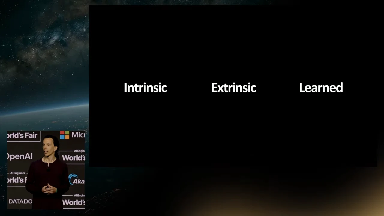 Black slide with Intrinsic, Extrinsic, and Learned arranged horizontally, alongside a speaker inset.
