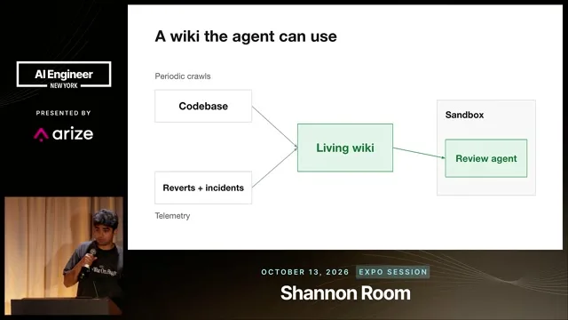 Codebase crawls and telemetry from reverts and incidents feed a living wiki used by the sandboxed review agent.