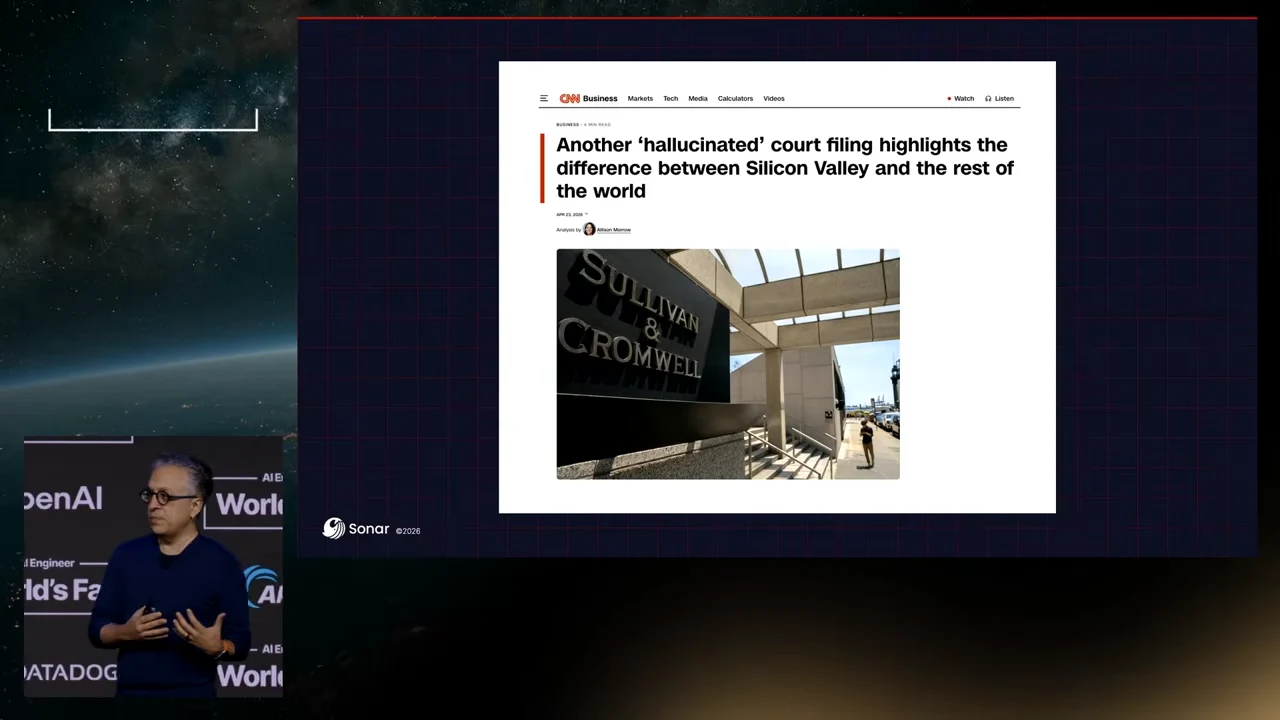CNN Business article screenshot with a headline about a hallucinated court filing and a photograph of the Sullivan & Cromwell sign.