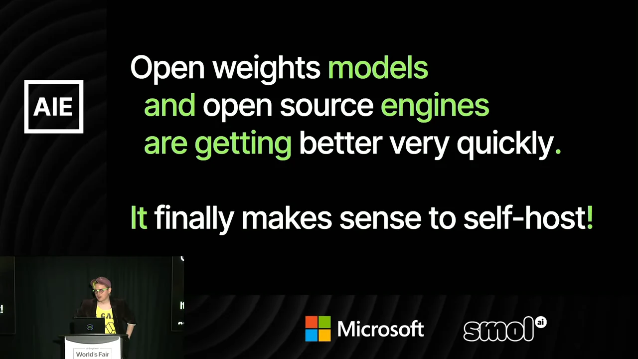 Black slide with white and green text stating that open weights models and open source engines are getting better quickly and that it finally makes sense to self-host.