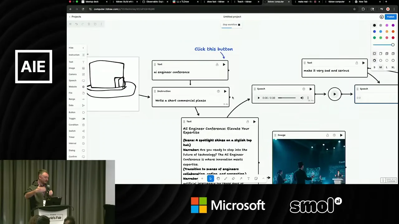 Canvas with a top-hat drawing, conference text, a commercial instruction, generated script, speech player, and image connected by arrows.