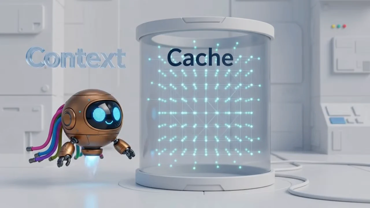 A robot floats beside a cylindrical chamber containing a glowing grid, with the words Context and Cache above.