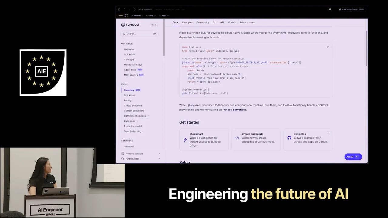 Runpod Flash documentation with a Python code block, explanatory paragraph, and Quickstart, Create endpoints, and Examples cards.