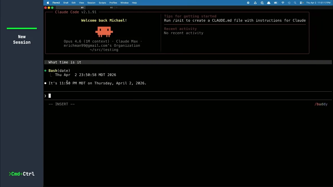 Claude Code terminal showing the prompt “What time is it,” a Bash date command, a returned time and date, and an empty input prompt.