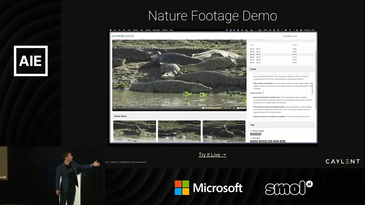 A Nature Footage browser page displays crocodiles beside water, a details panel on the right, and similar-video thumbnails below.