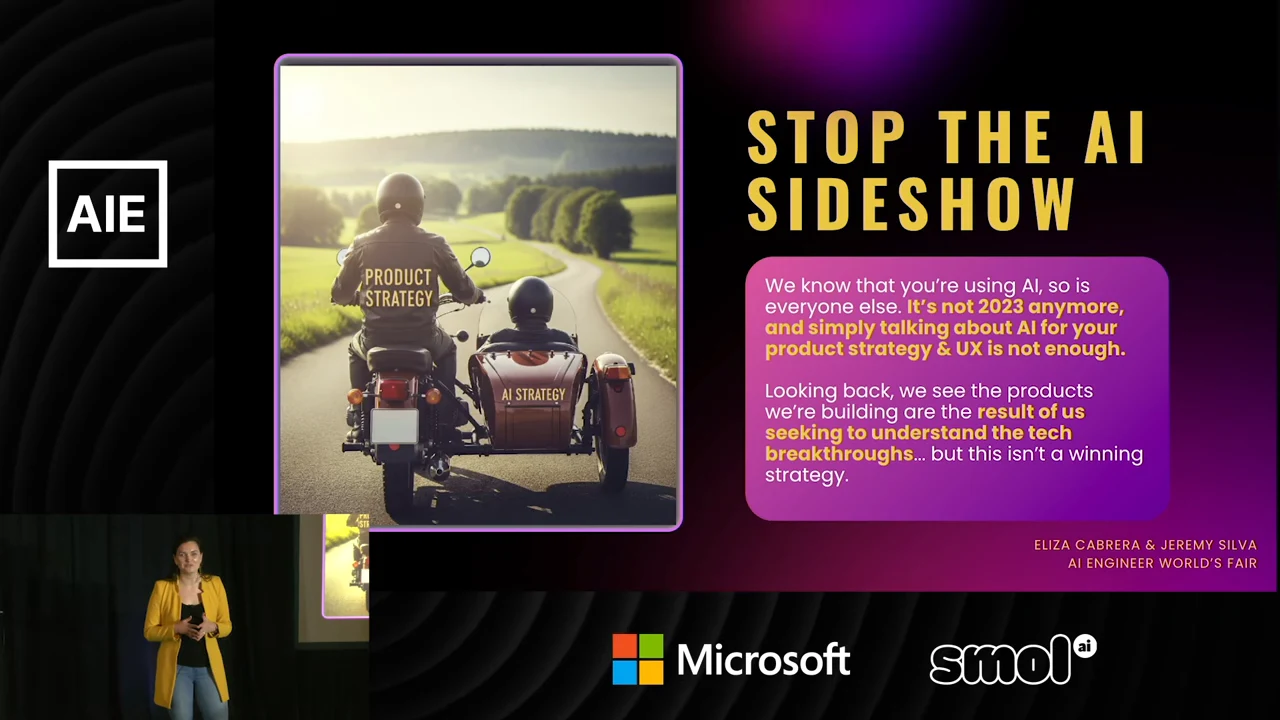Slide titled “Stop the AI Sideshow” shows a motorcycle rider labeled “Product Strategy” and a sidecar passenger labeled “AI Strategy,” alongside explanatory text.