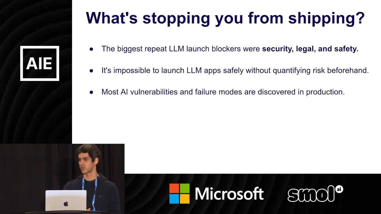 Slide titled “What's stopping you from shipping?” with three bullets about launch blockers, quantifying risk, and failures discovered in production.