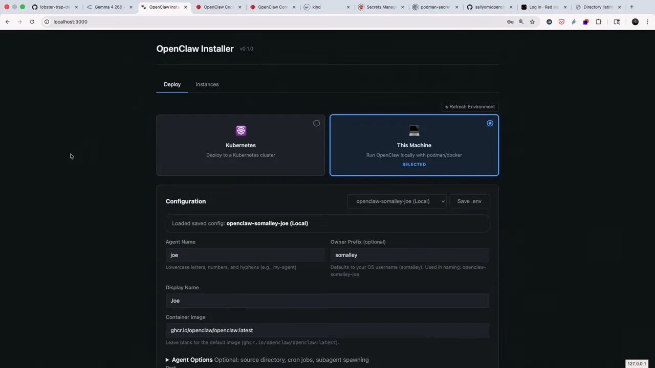 OpenClaw Installer with This Machine selected beside Kubernetes, and configuration fields showing agent name joe and display name Joe.