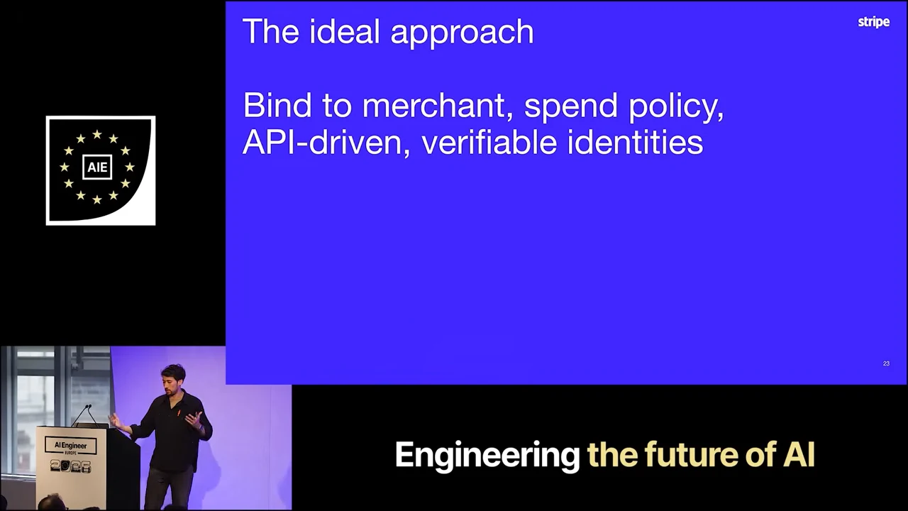 Purple slide titled The ideal approach listing binding to a merchant, spend policy, API-driven interactions, and verifiable identities.