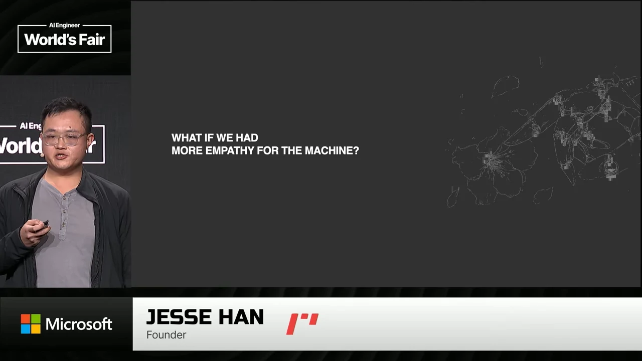 Jesse Han beside a dark slide asking, “What if we had more empathy for the machine?” with faint line artwork on the right.