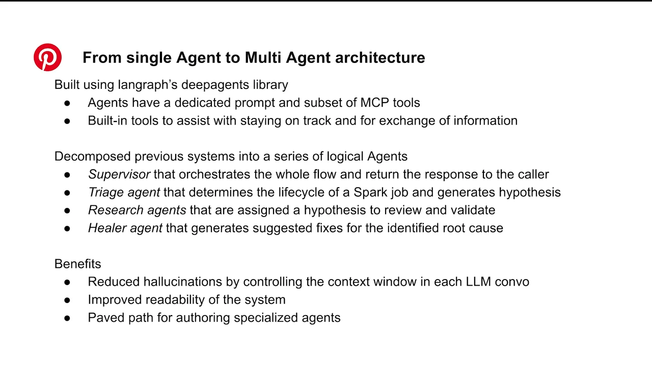 Multi-agent architecture slide listing dedicated prompts and MCP tools, supervisor, triage, research and healer roles, and benefits including controlled context, readability, and specialized agents.