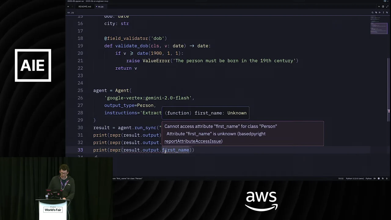 Python editor showing a date validator, an agent with output_type set to Person, and a diagnostic on result.output.first_name.