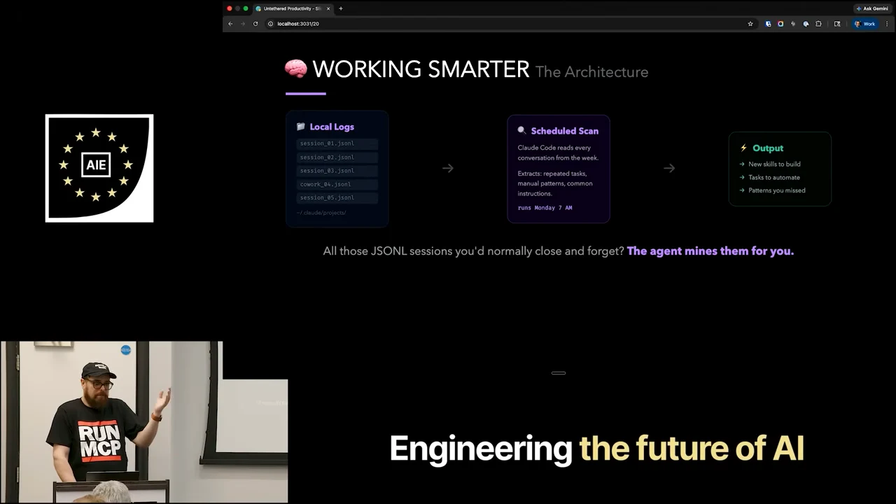 Slide titled “WORKING SMARTER The Architecture” shows Local Logs → Scheduled Scan → Output, with a speaker inset below.