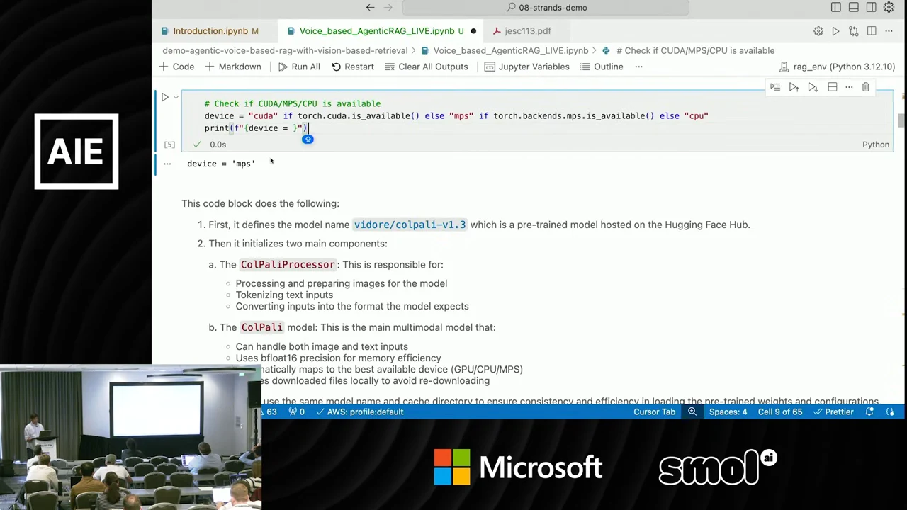 Notebook showing CUDA, MPS, and CPU selection code, the output device = 'mps', and notes on ColPali model components.