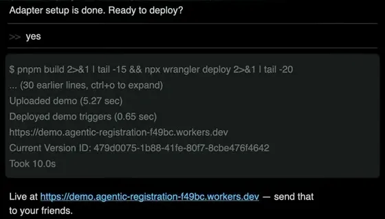 The demo reports a successful Wrangler deployment and shows the resulting live workers.dev URL and version ID.