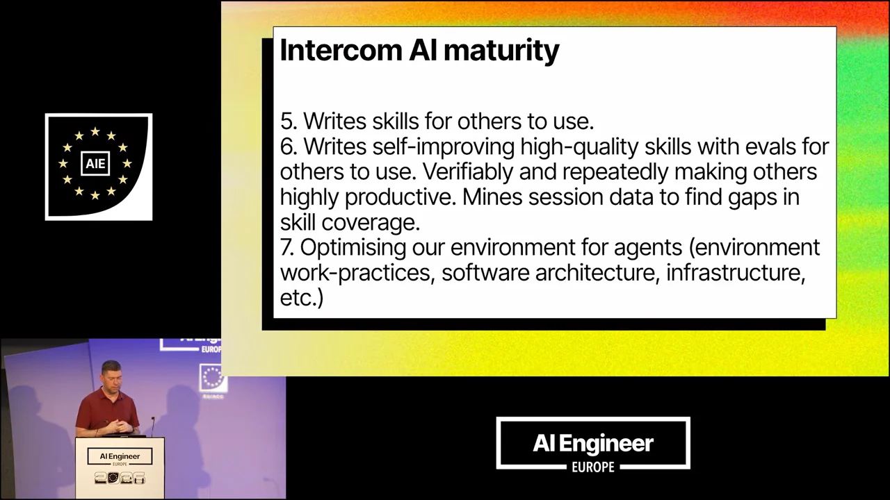 Intercom AI maturity slide listing levels 5–7: writing skills for others, improving skills with evals and session data, and optimizing the environment for agents.