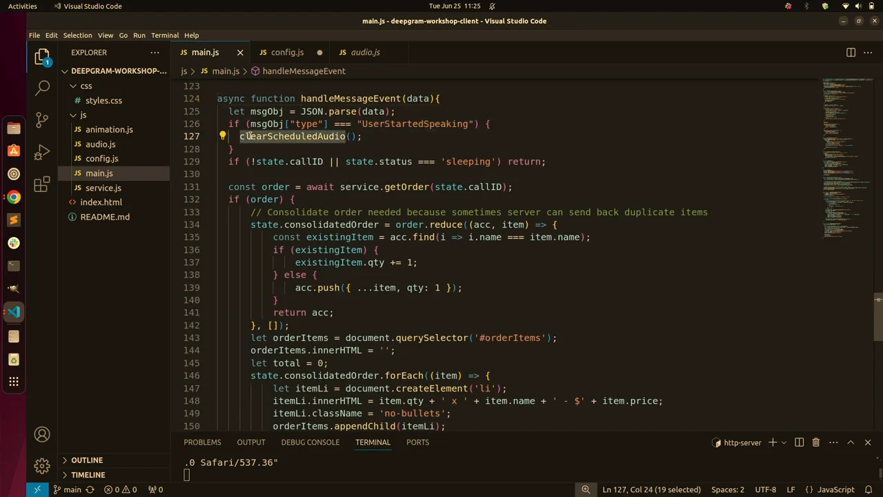 VS Code displays a message handler checking “UserStartedSpeaking” and calling clearScheduledAudio(), with order-processing code below.