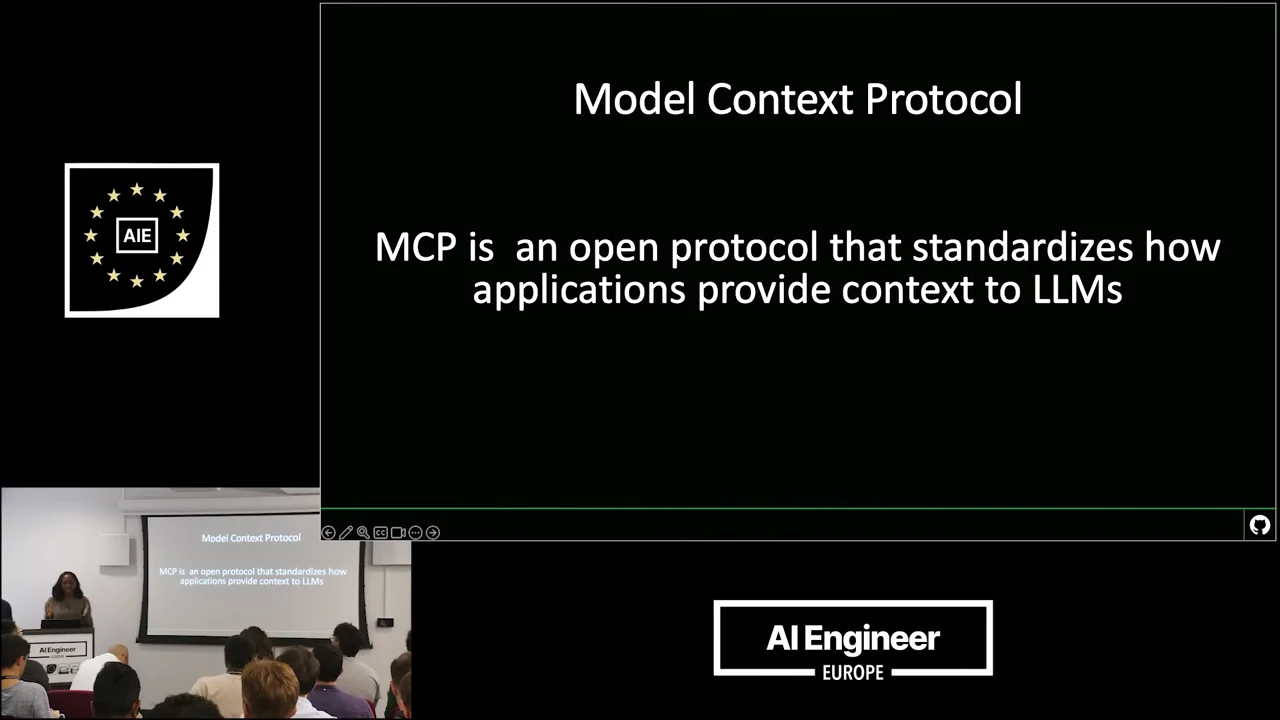 Slide titled Model Context Protocol defining MCP as an open protocol that standardizes how applications provide context to LLMs.